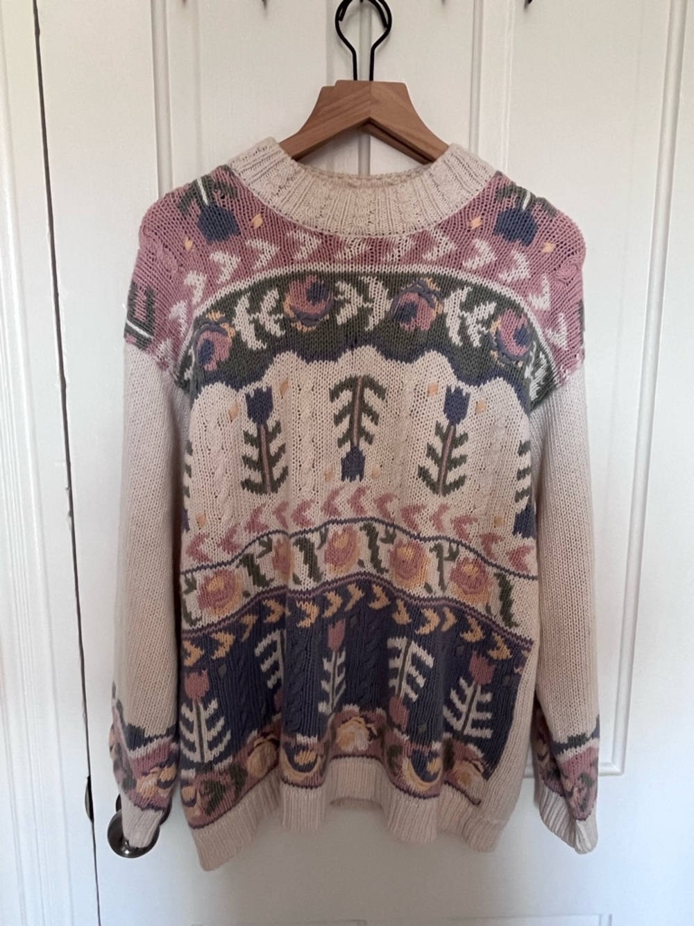 Leslie Fay Floral Fair Isle Crewneck Sweater - Cream, Pink & Navy